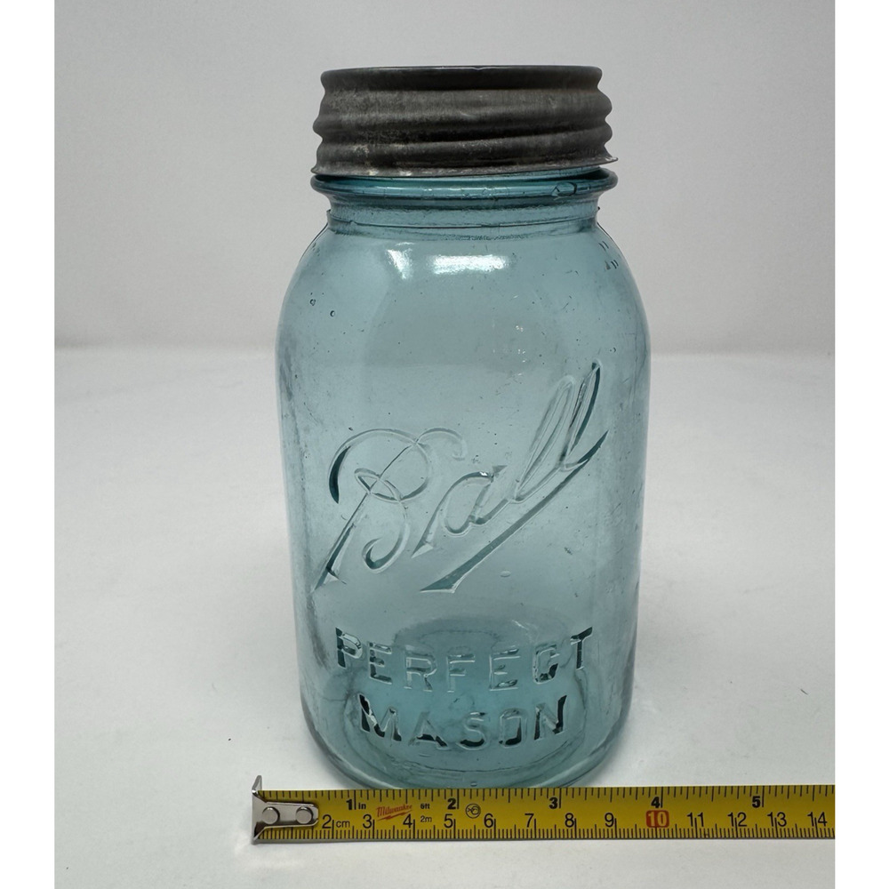 Ball "Perfect Mason" Quart Zinc Top w/Porcelain Liner 1910-1923 #4 Light Blue - Picture 4 of 16